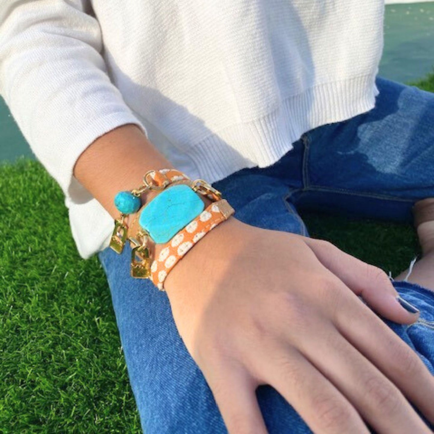 Bundle Bracelet with Camel Leather & Orange Dots Fabric Band with Turquoise Stone - LALEBRACELETS