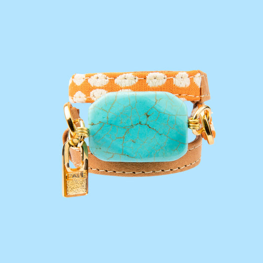 Signature Triple Wrap Camel Leather and Orange Fabric Bracelet with Turquoise Stone