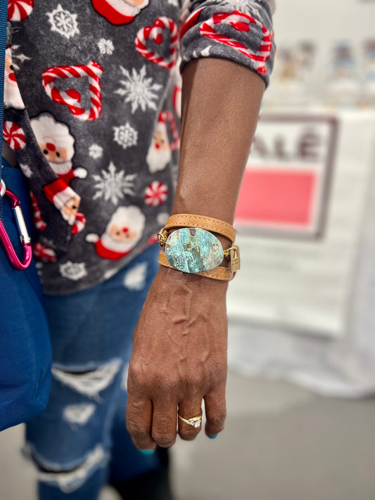 Signature Triple Wrap Camel Leather Bracelet with Blue Agatha Stone