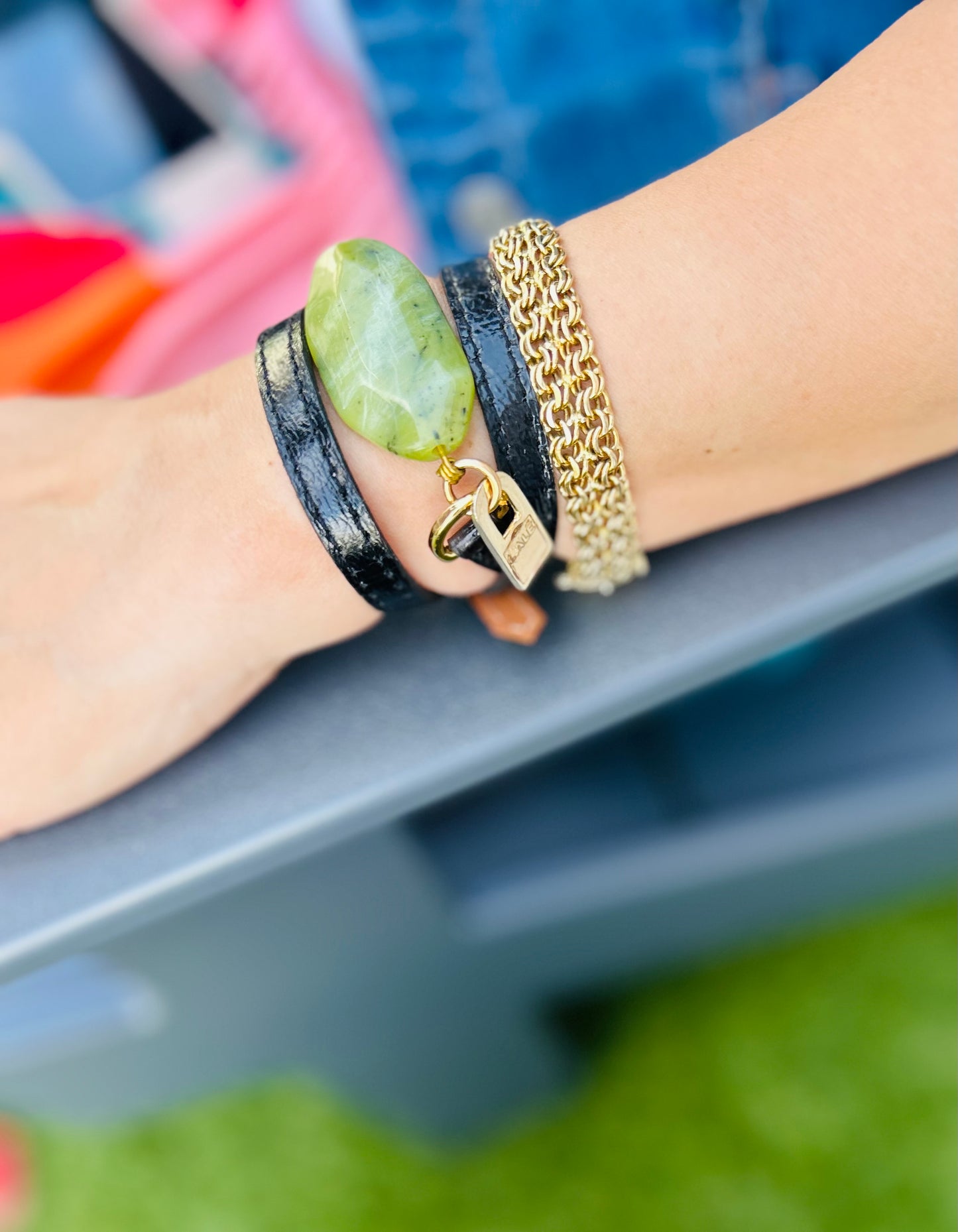 Signature Triple Wrap Black Leather Bracelet with Jade