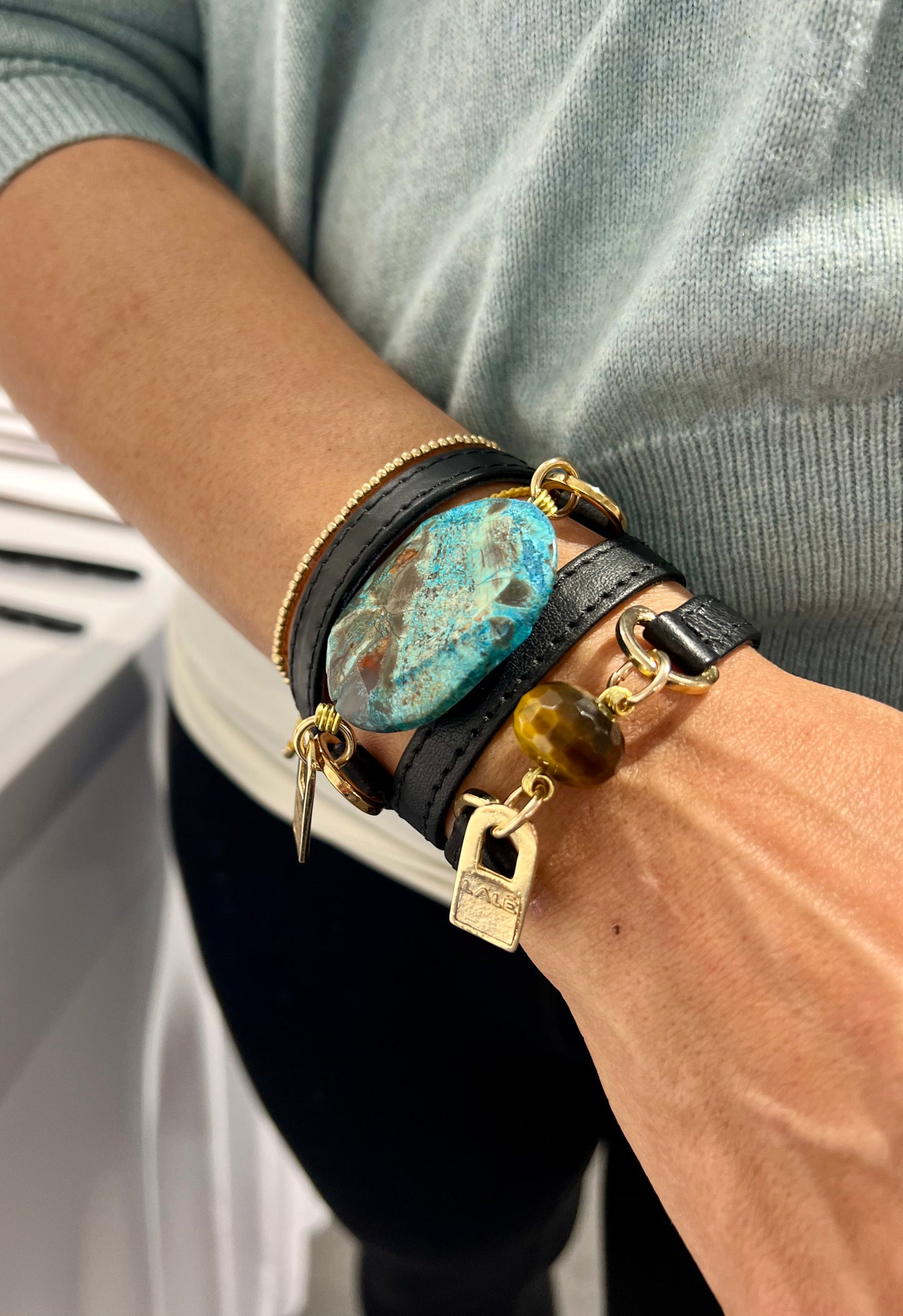 Bundle Bracelet with Black Leather Blue Agathe and Tiger's Eye - LALEBRACELETS