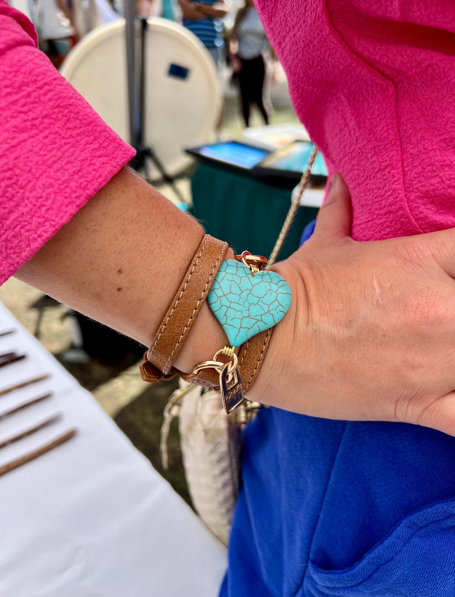 Signature Triple Wrap Camel Leather Bracelet with Heart Turquoise Stone