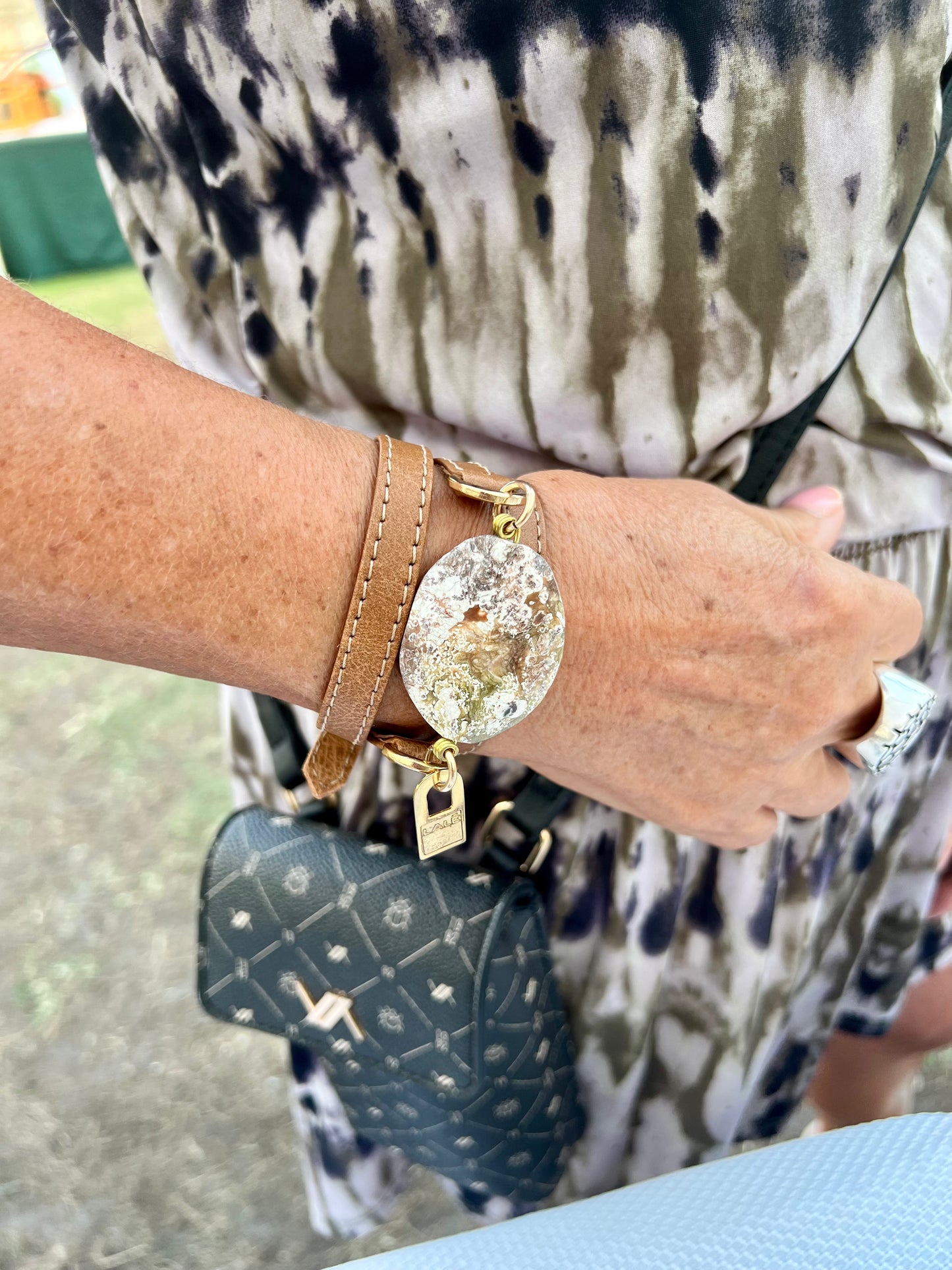 Signature Triple Wrap Camel Leather Bracelet with White Agathe Stone