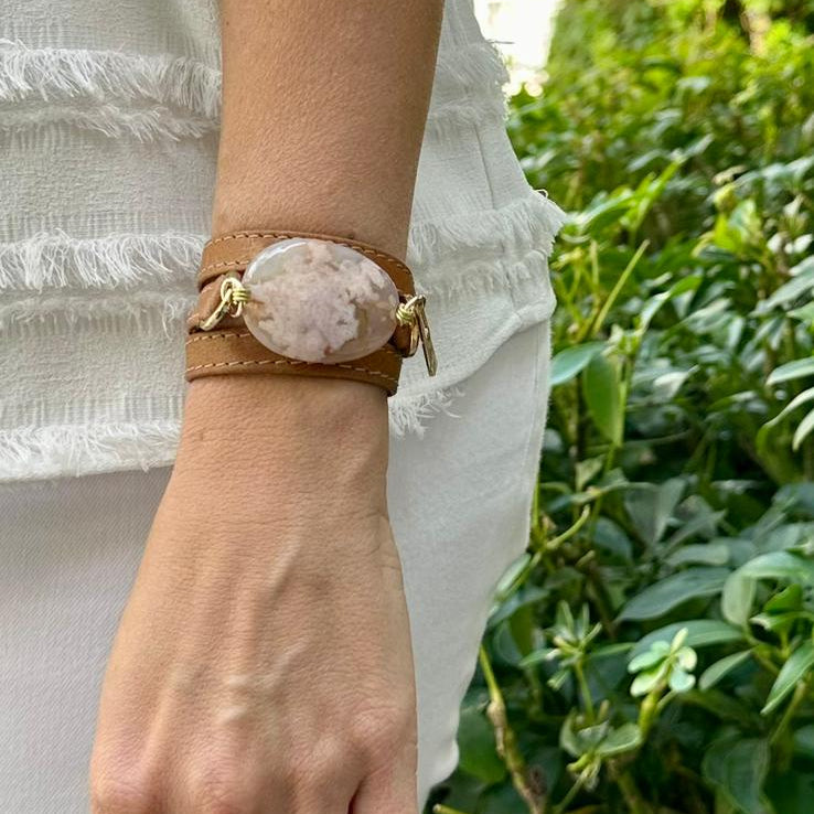 Signature Triple Wrap Camel Leather Bracelet with Agathe Stone