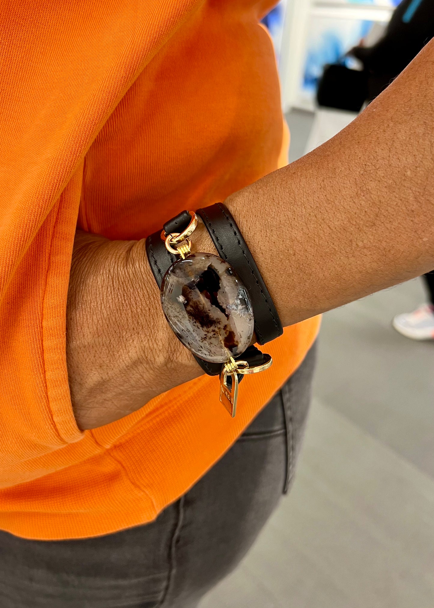 Signature Triple Wrap Black Leather Bracelet with Agathe Stone