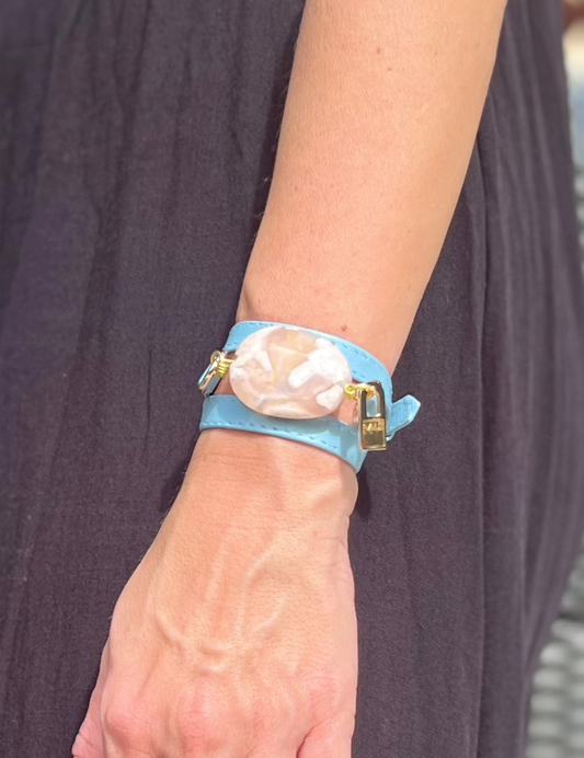 Signature Triple Wrap Blue Leather Bracelet with White Agathe Stone