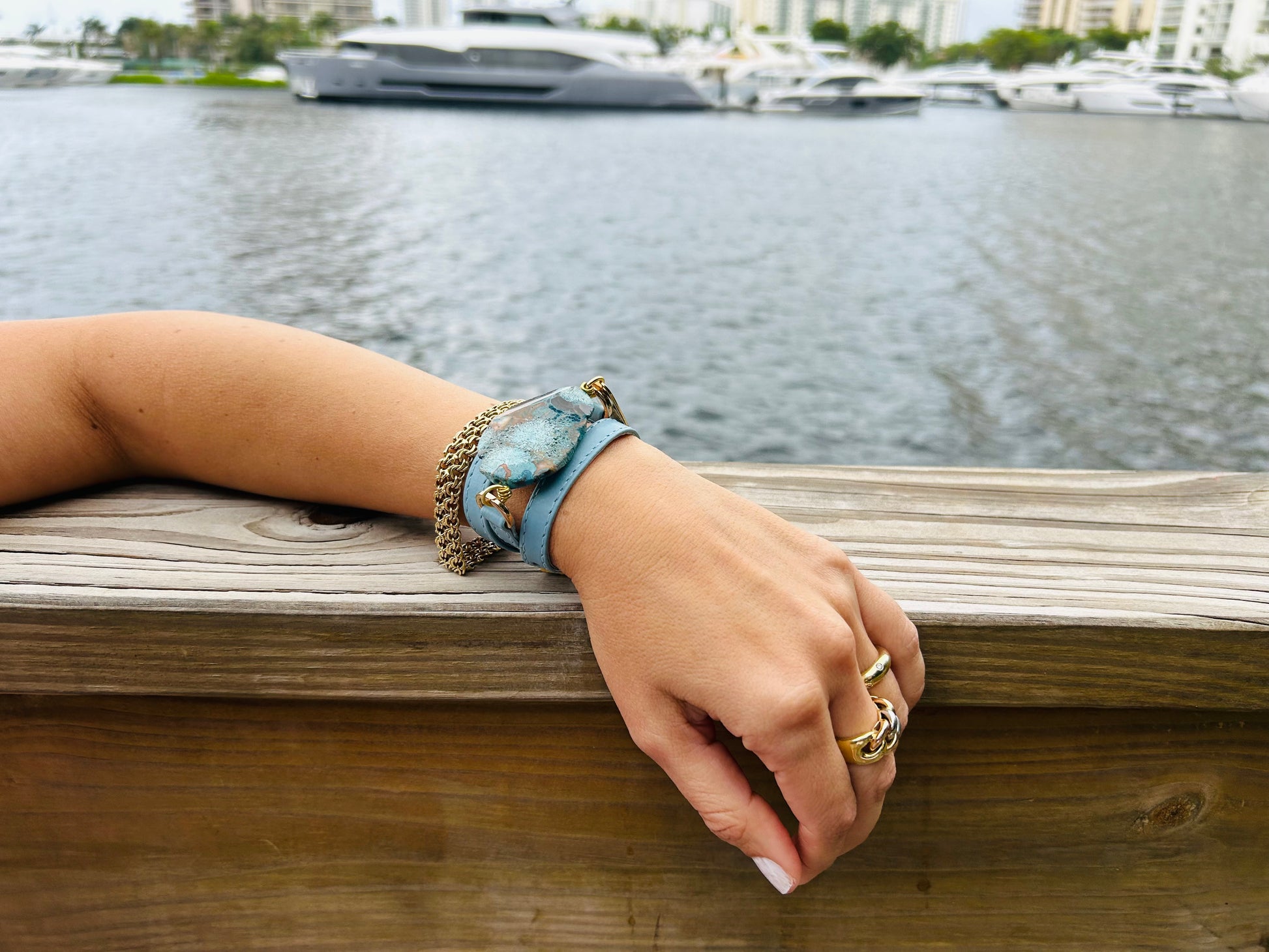 Signature Triple Wrap Blue Leather Bracelet with Blue Agathe Stone