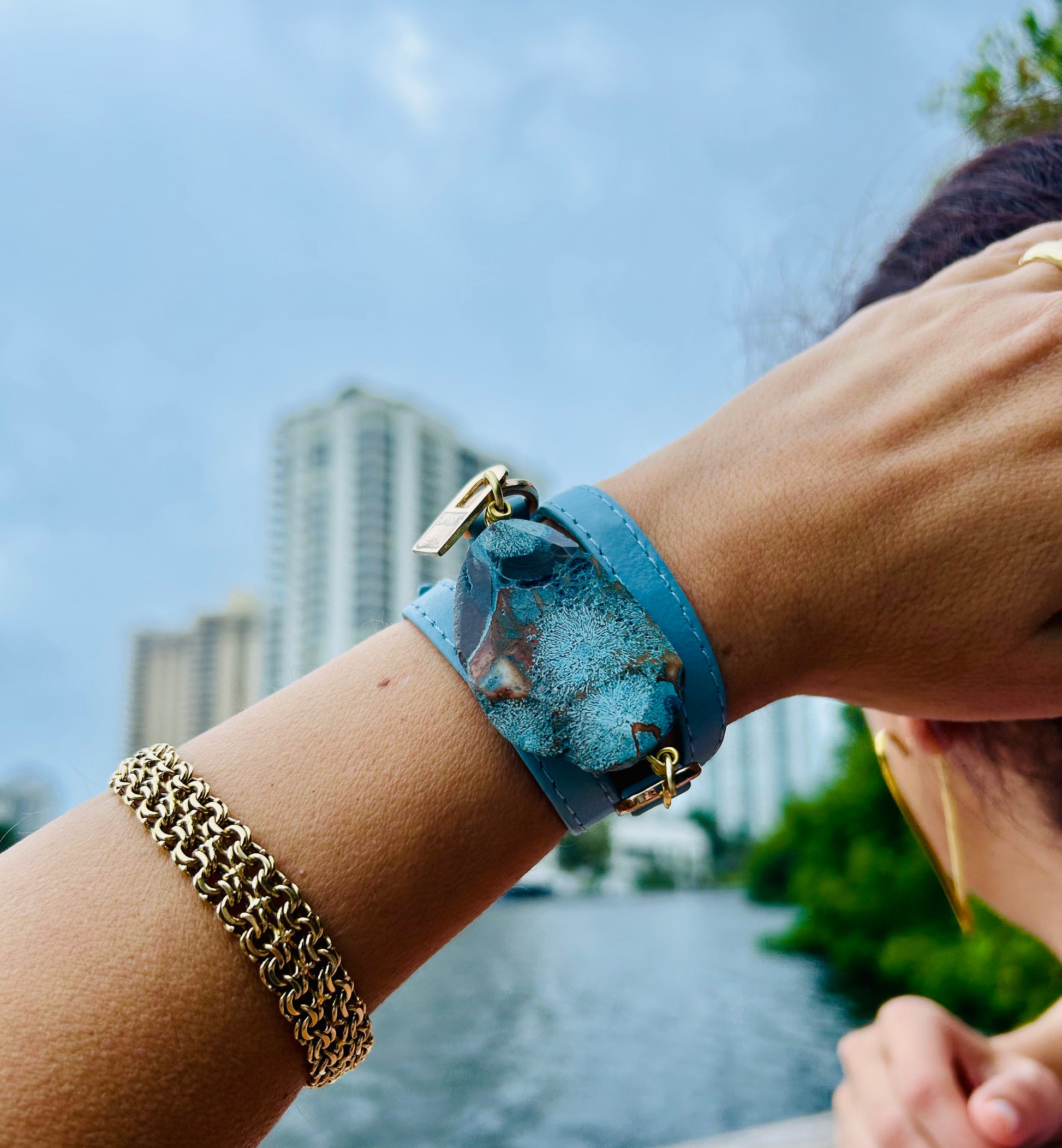 Signature Triple Wrap Blue Leather Bracelet with Blue Agathe Stone