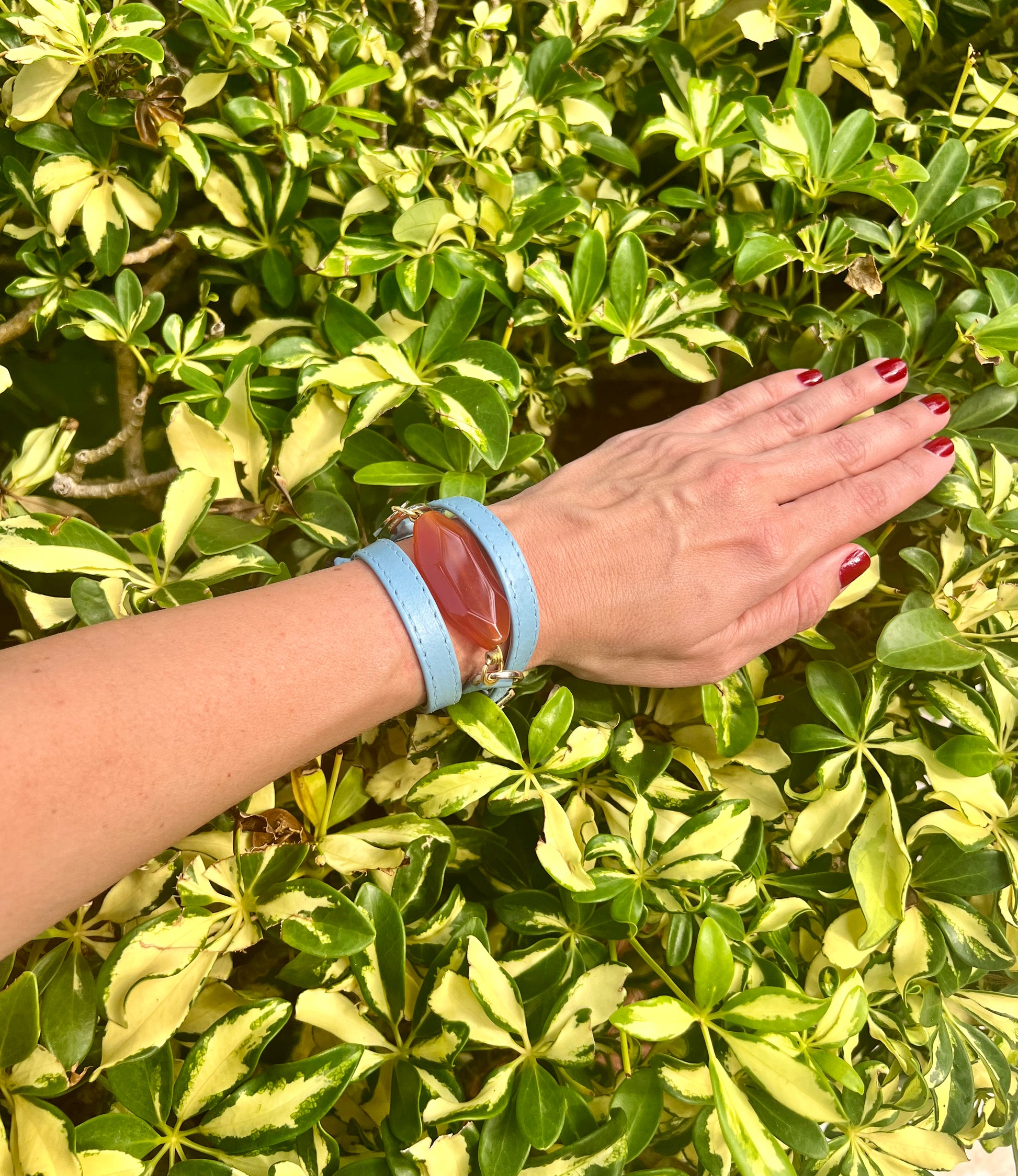 Signature Triple Wrap Blue Leather Bracelet with Carnelian  Stone