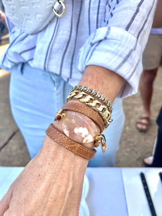 Signature Triple Wrap Camel Leather Bracelet with Agathe Stone