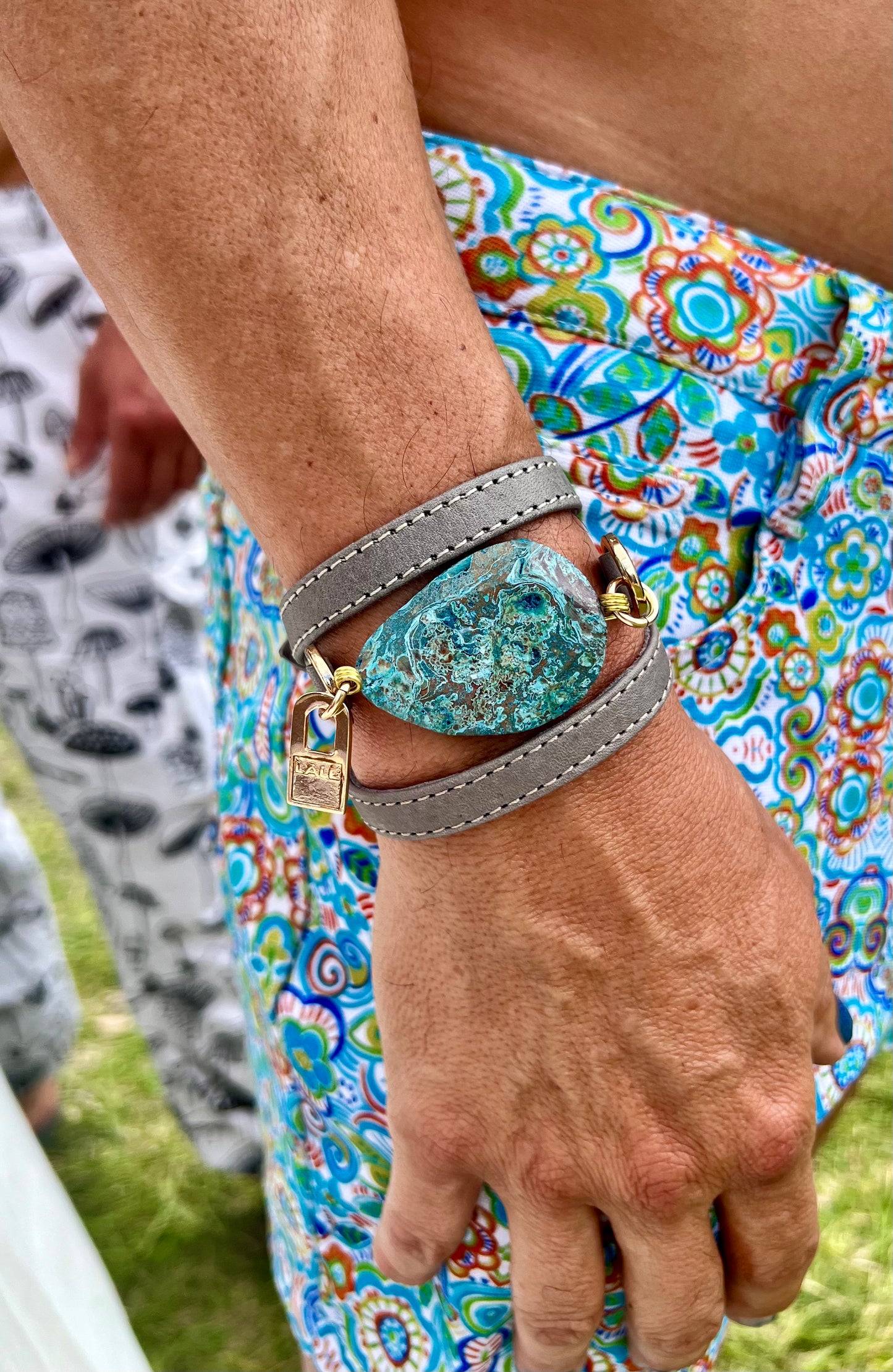 Triple Wrap Gray Leather Bracelet with Blue Agathe Stone - LALEBRACELETS