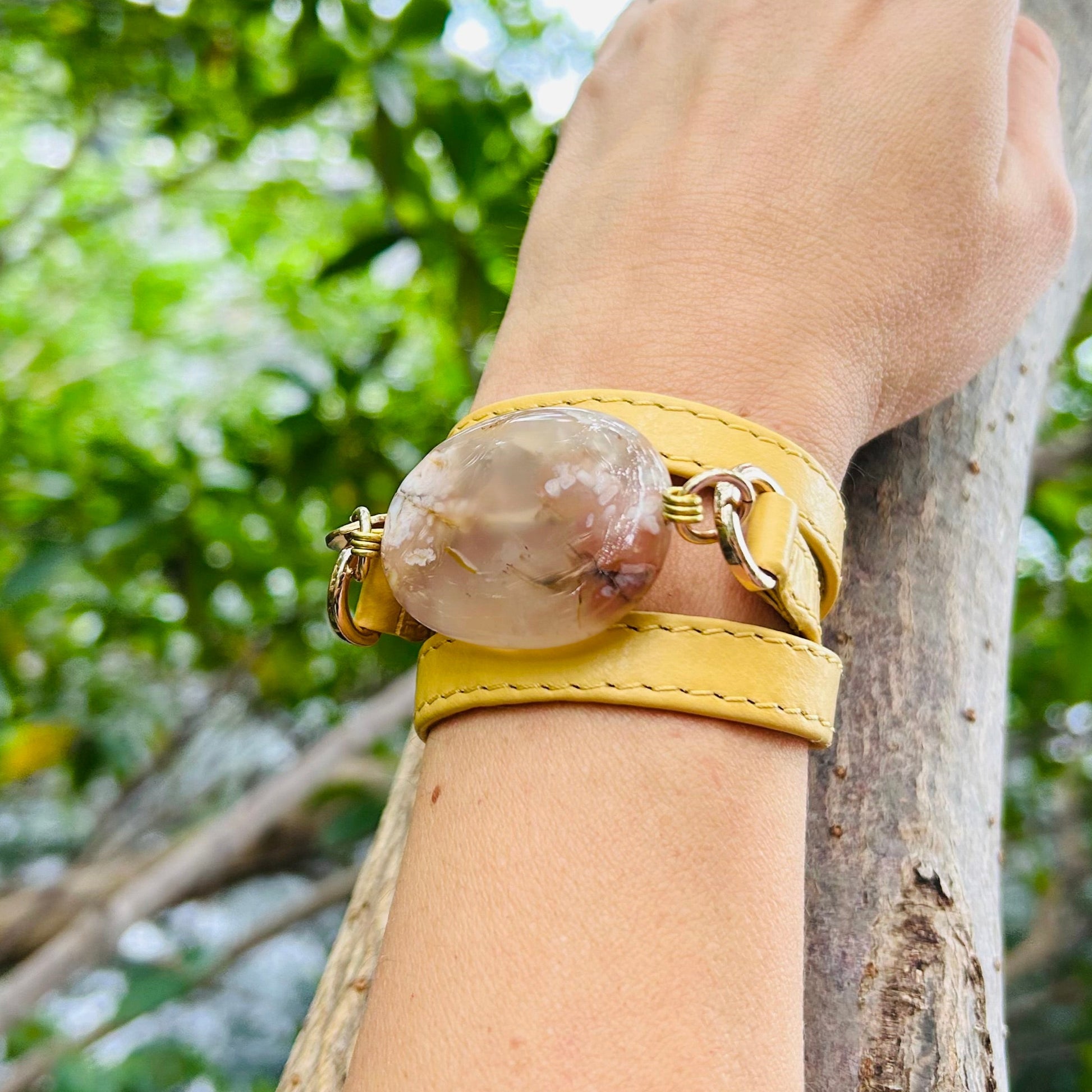 Signature Triple Wrap Yellow Leather Bracelet with Agathe