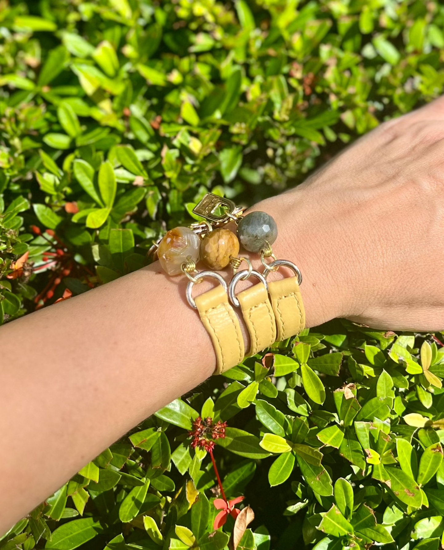 Bundle Bracelet with Yellow Leather, Agathe, Tiger Eye and Amazonite Stone - LALEBRACELETS