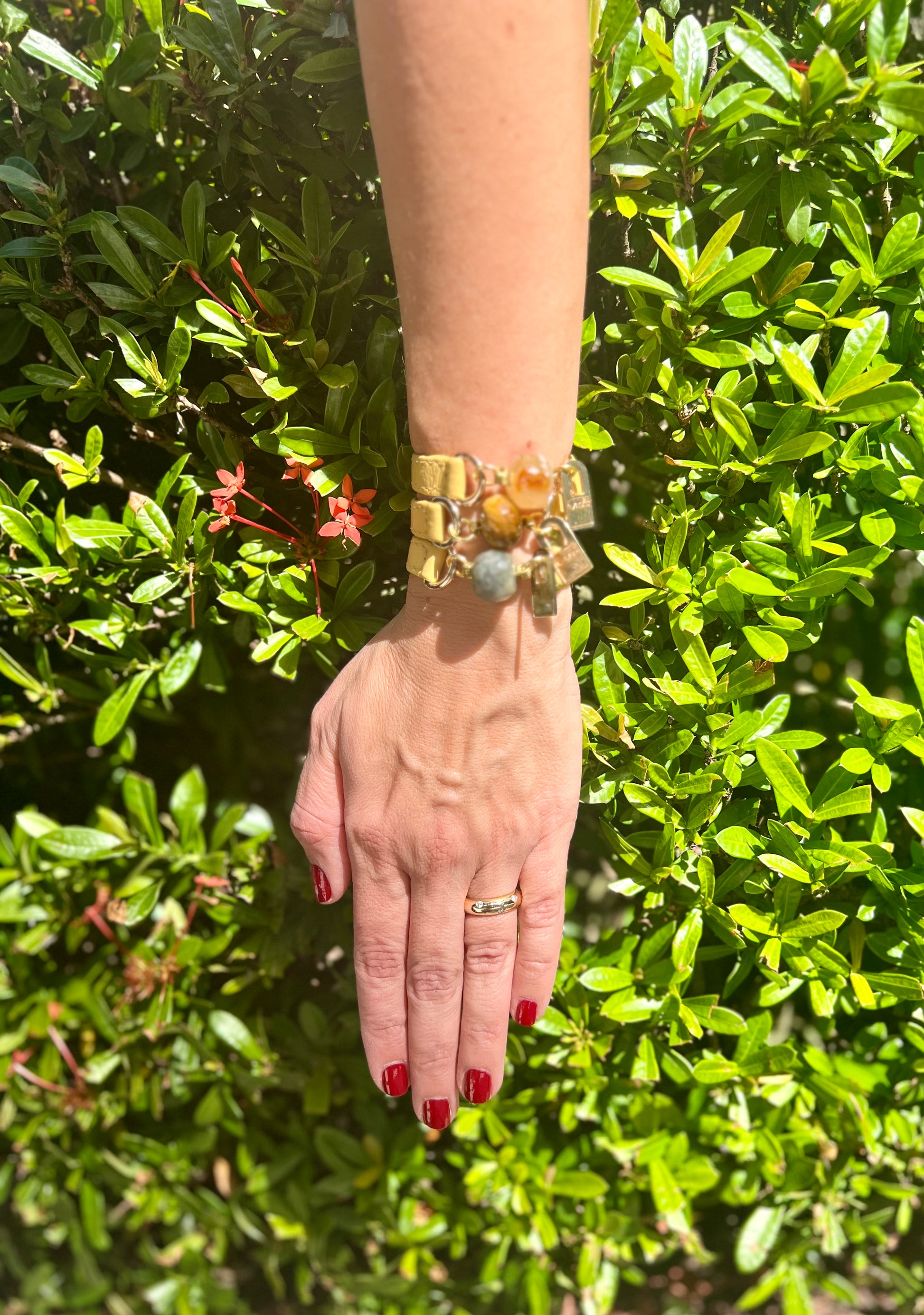Bundle Bracelet with Yellow Leather, Agathe, Tiger Eye and Amazonite Stone - LALEBRACELETS