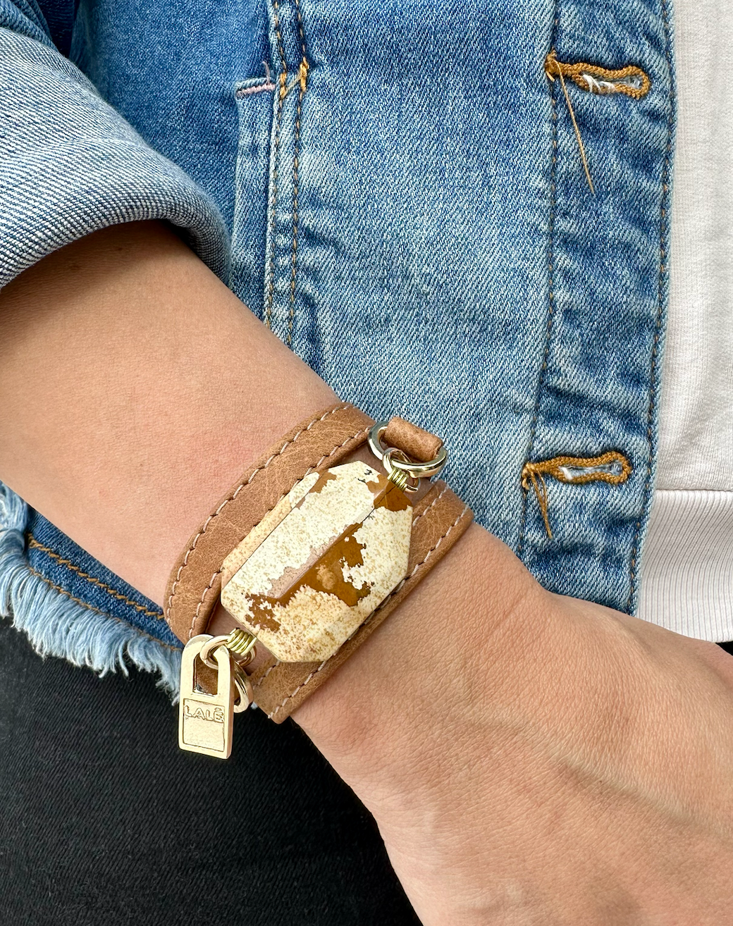 Signature Triple Wrap Camel Leather Bracelet with Howlite Stone
