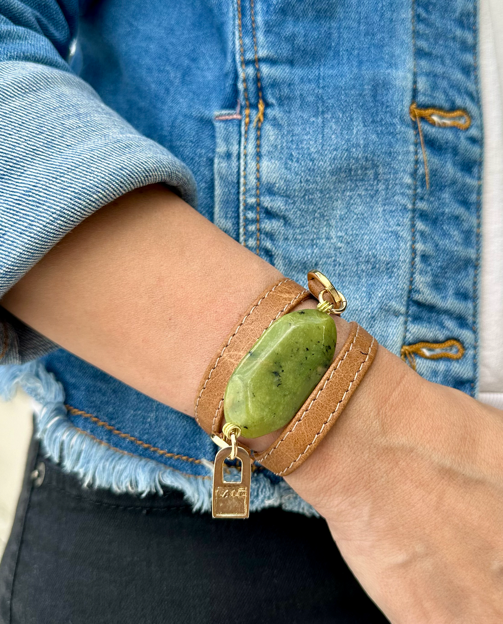 Signature Triple Wrap Camel Leather Bracelet with Jade Stone