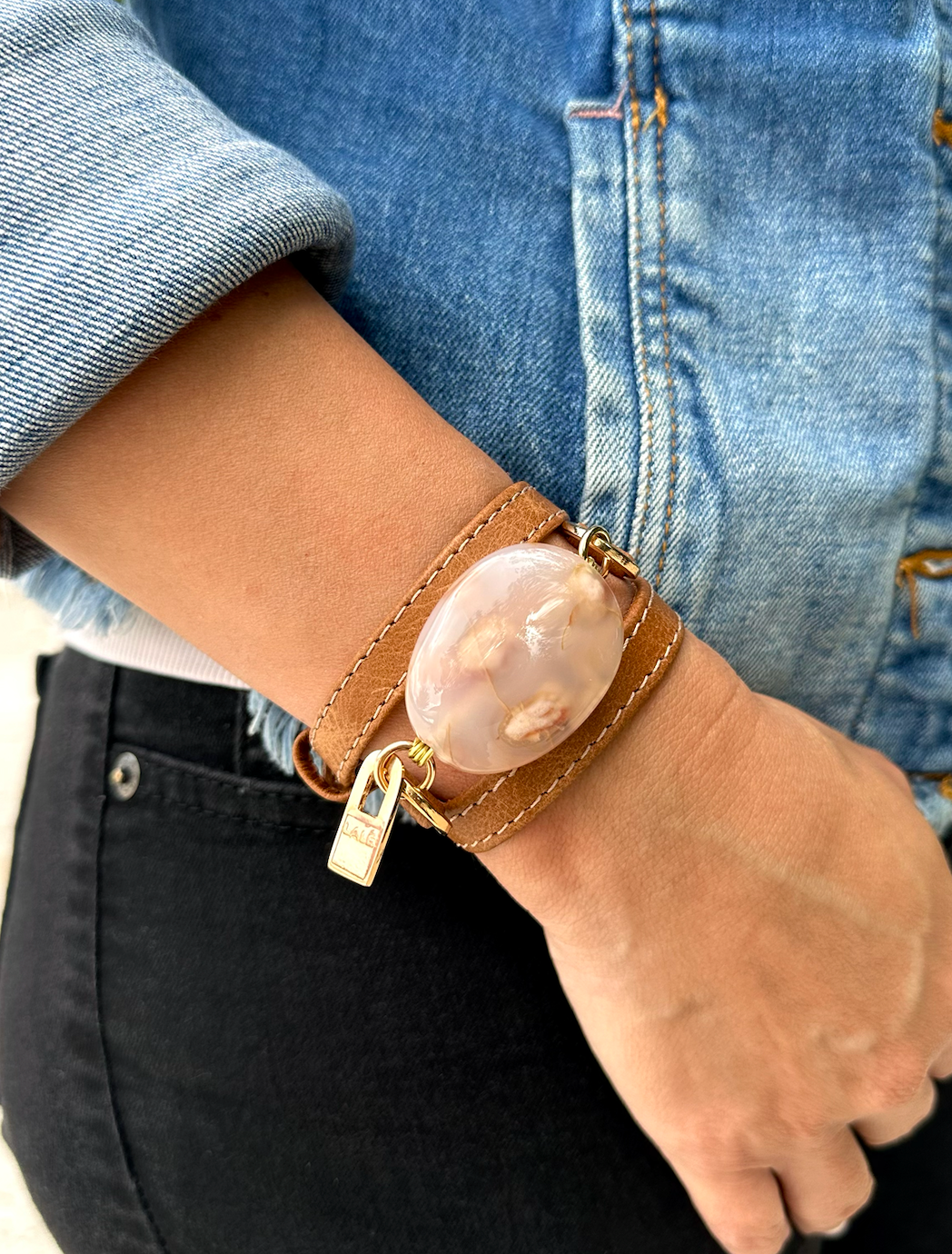 Signature Triple Wrap Camel Leather Bracelet with Agathe Stone