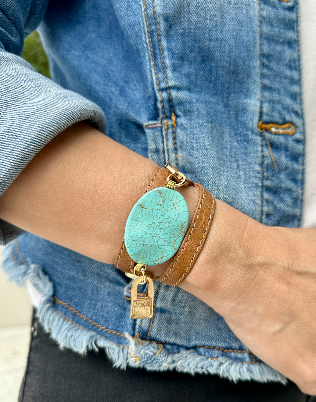 Triple Wrap Camel Leather Bracelet with Turquoise Stone