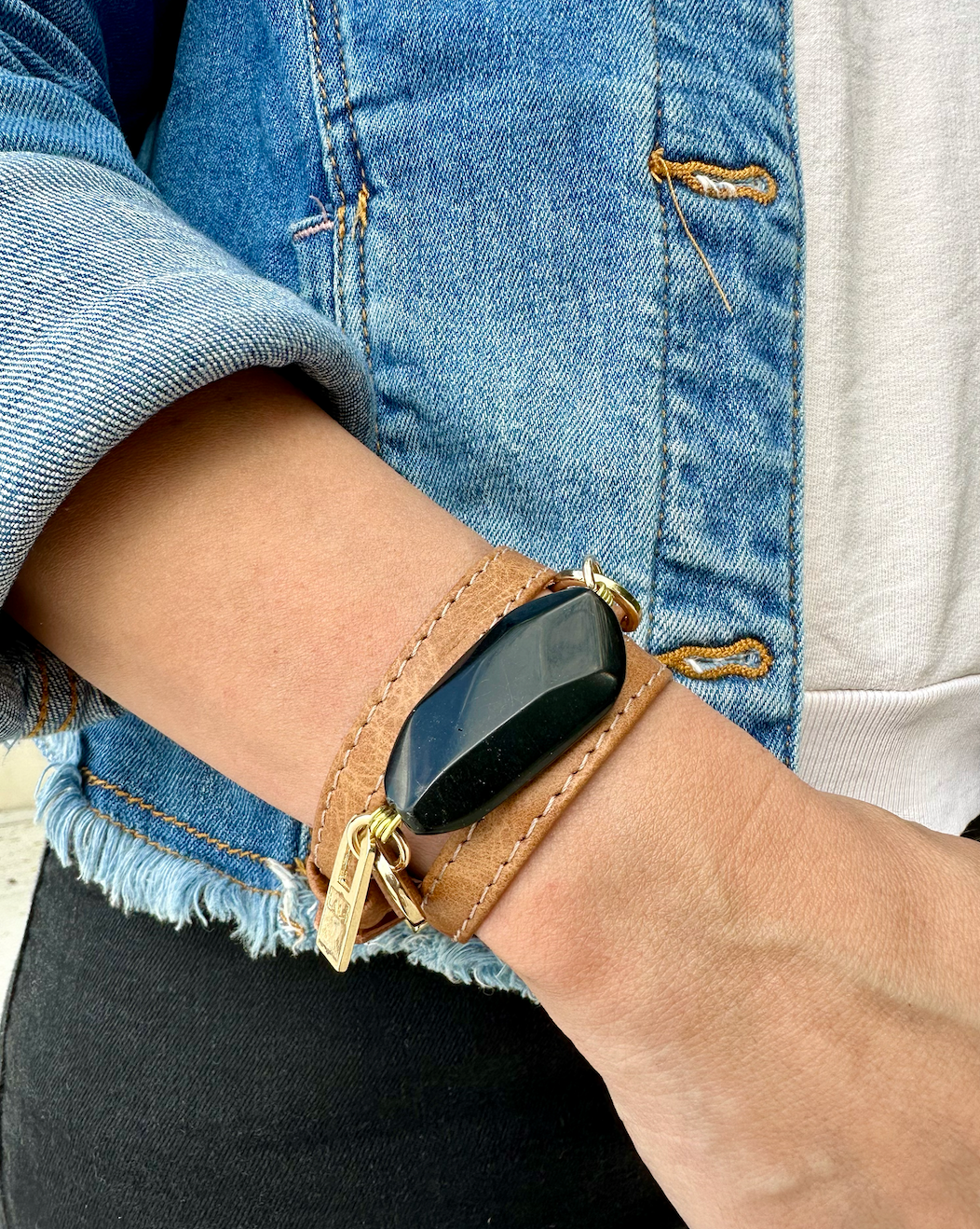 Signature Triple Wrap Camel Leather Bracelet with Onyx Stone