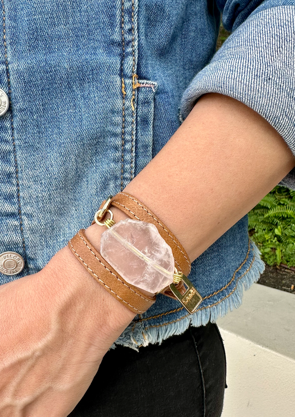 Signature Triple Wrap Camel Leather Bracelet with Rose Quartz Stone