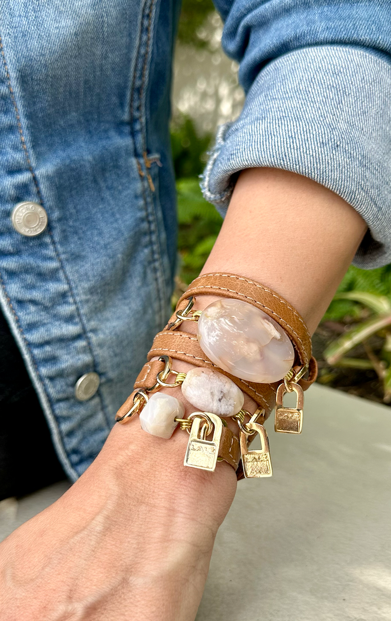 Bohemian Chic: Handcrafted Camel Leather & Stone Wrap Bracelet - LALEBRACELETS