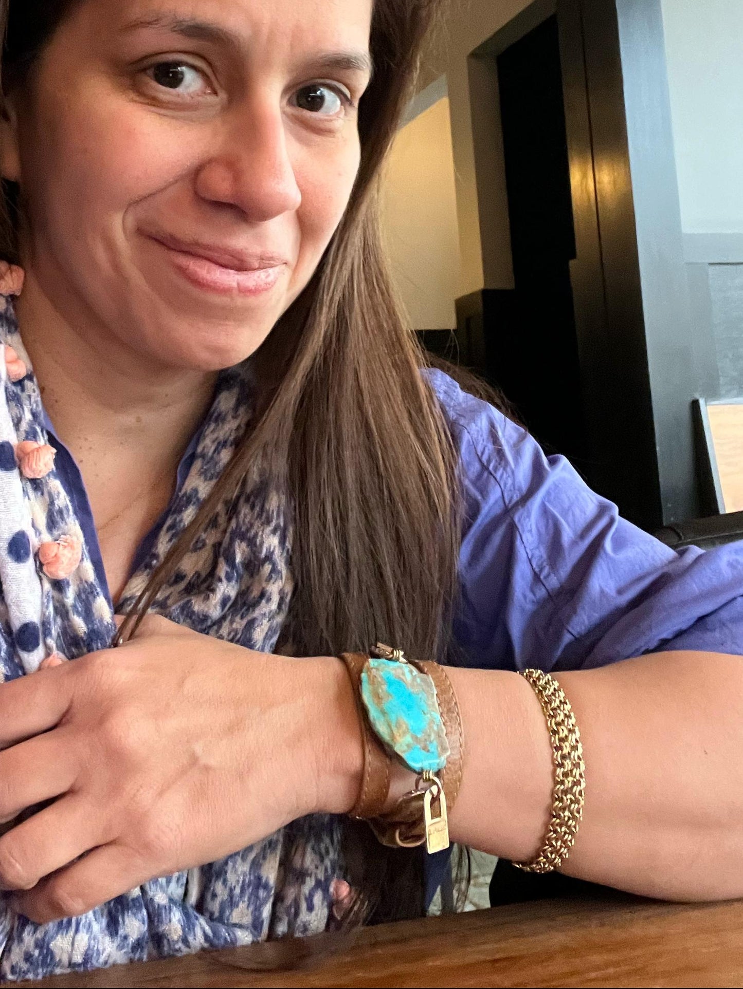 Triple Wrap Camel Leather Bracelet with Blue Turquoise