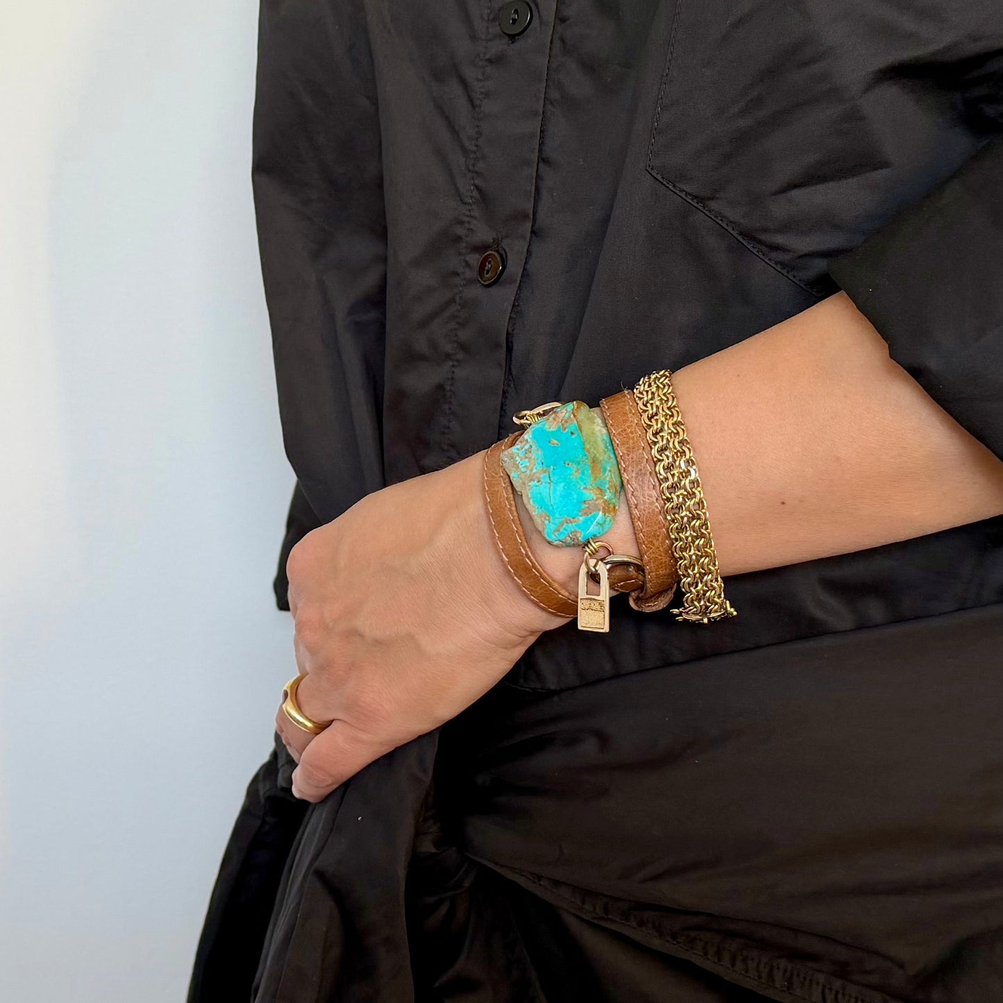 Triple Wrap Camel Leather Bracelet with Blue Turquoise - LALEBRACELETS