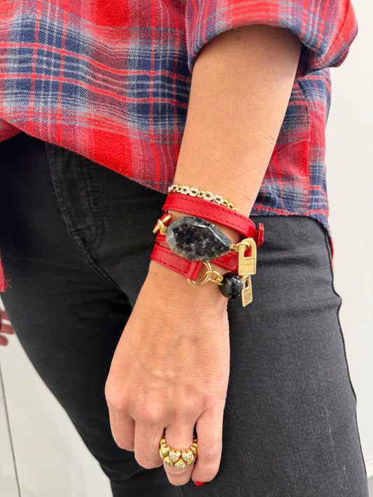 Bundle Bracelet with Red Leather Fossil and Onyx Stones