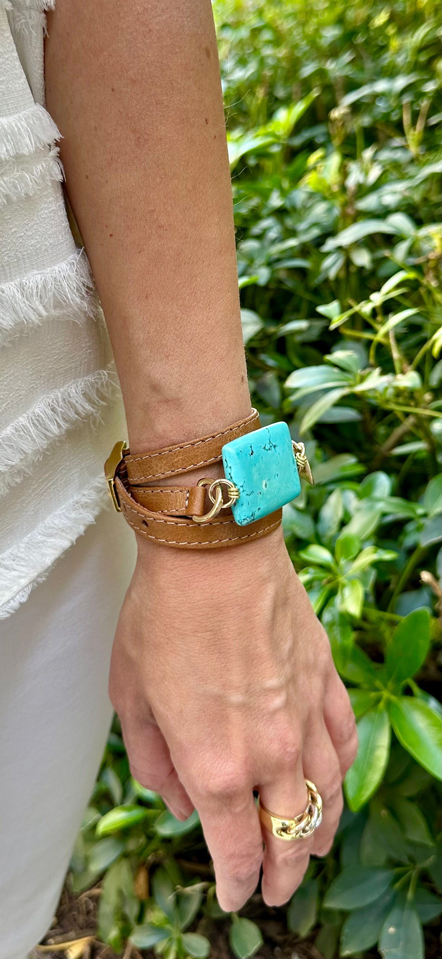 Signature Triple Wrap Camel Leather  Bracelet with Turquoise Stone