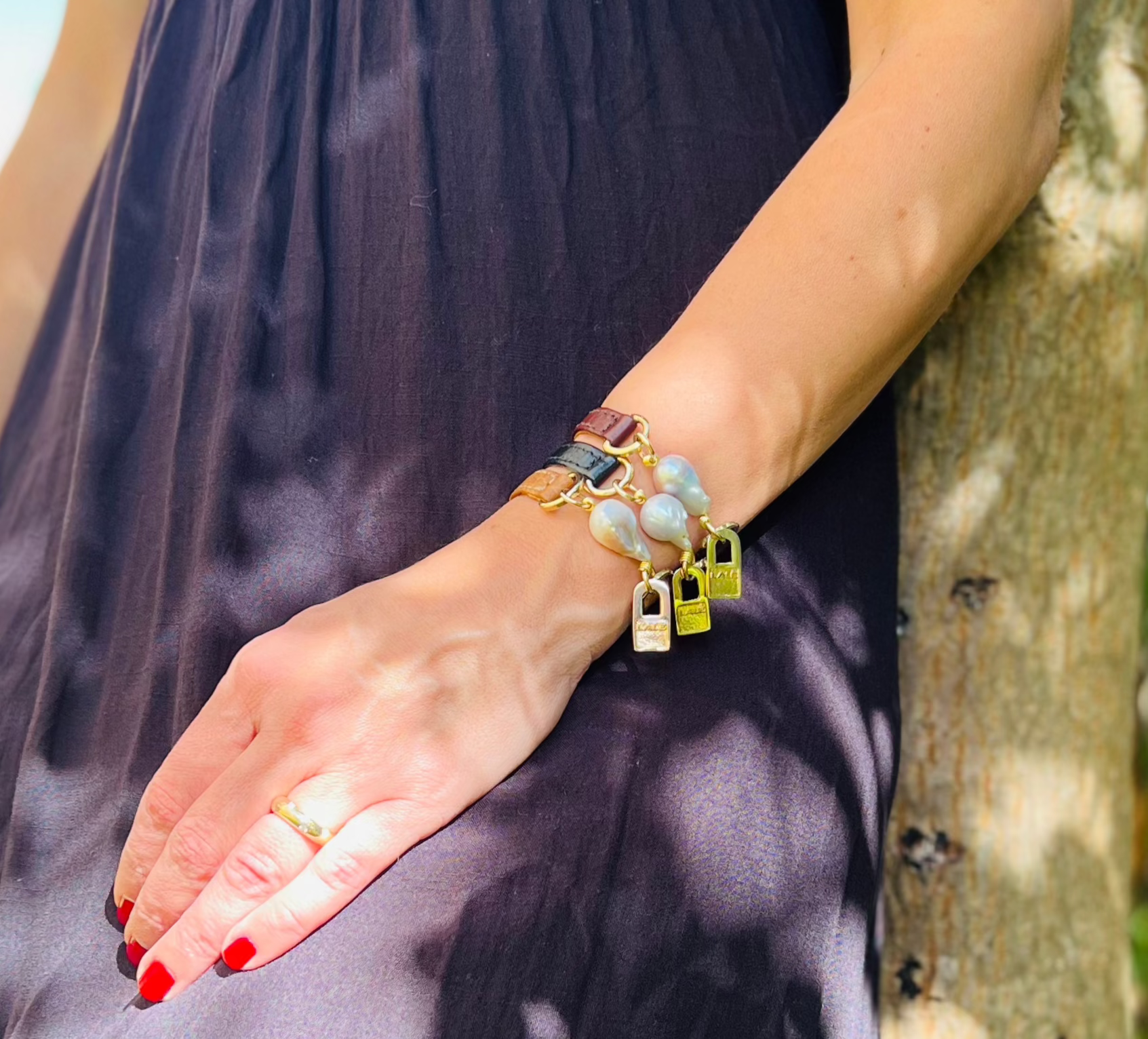 Bundle Bracelet with Camel Leather and Pearls - LALEBRACELETS