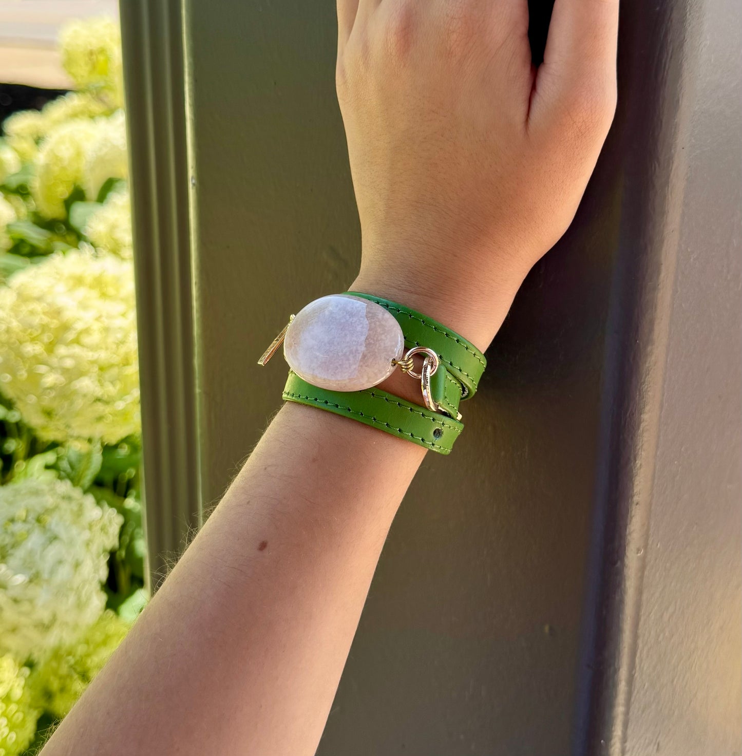 Triple Wrap Green Leather Bracelet with White Agate Stone
