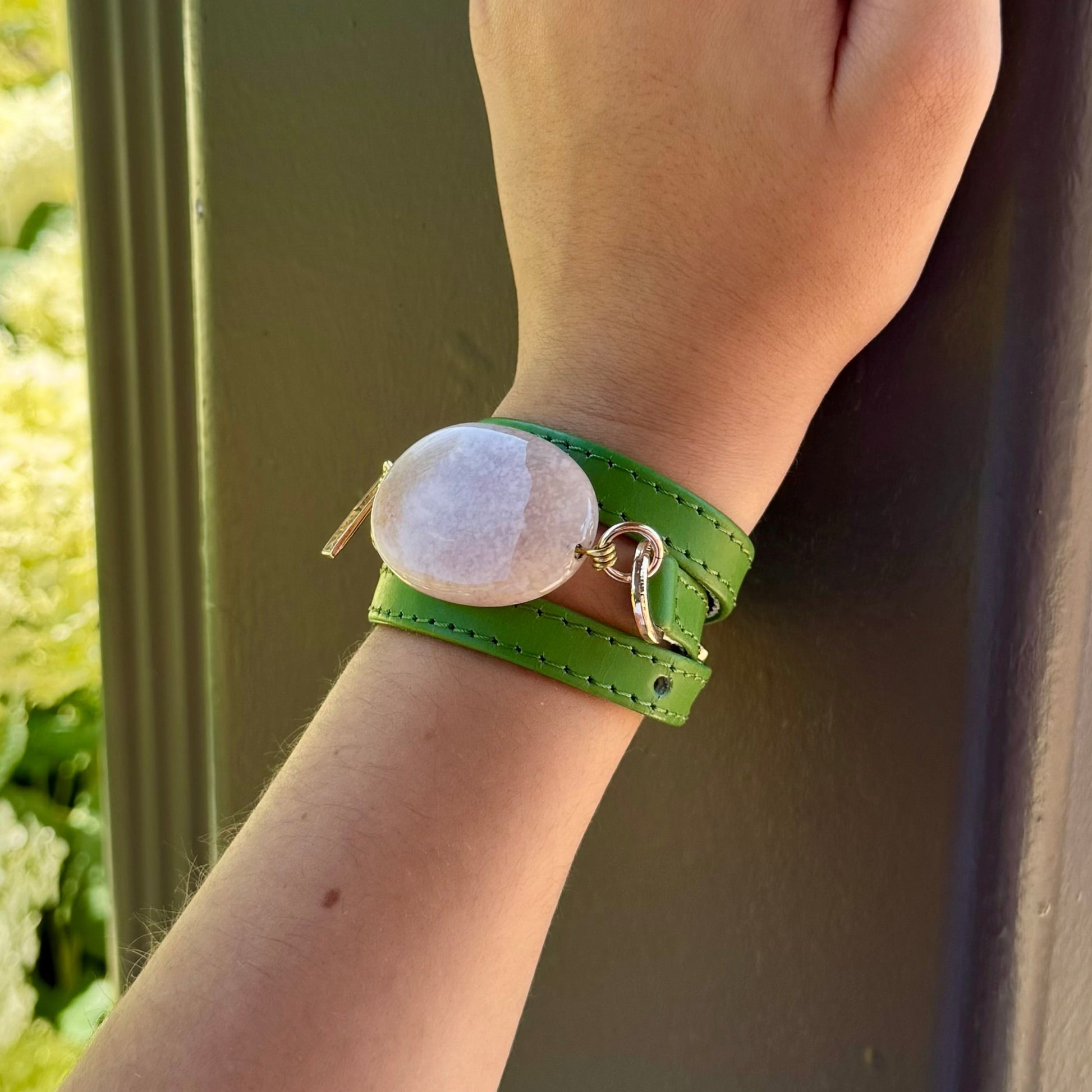 Signature Triple Wrap Green Leather Bracelet with White Agate Stone