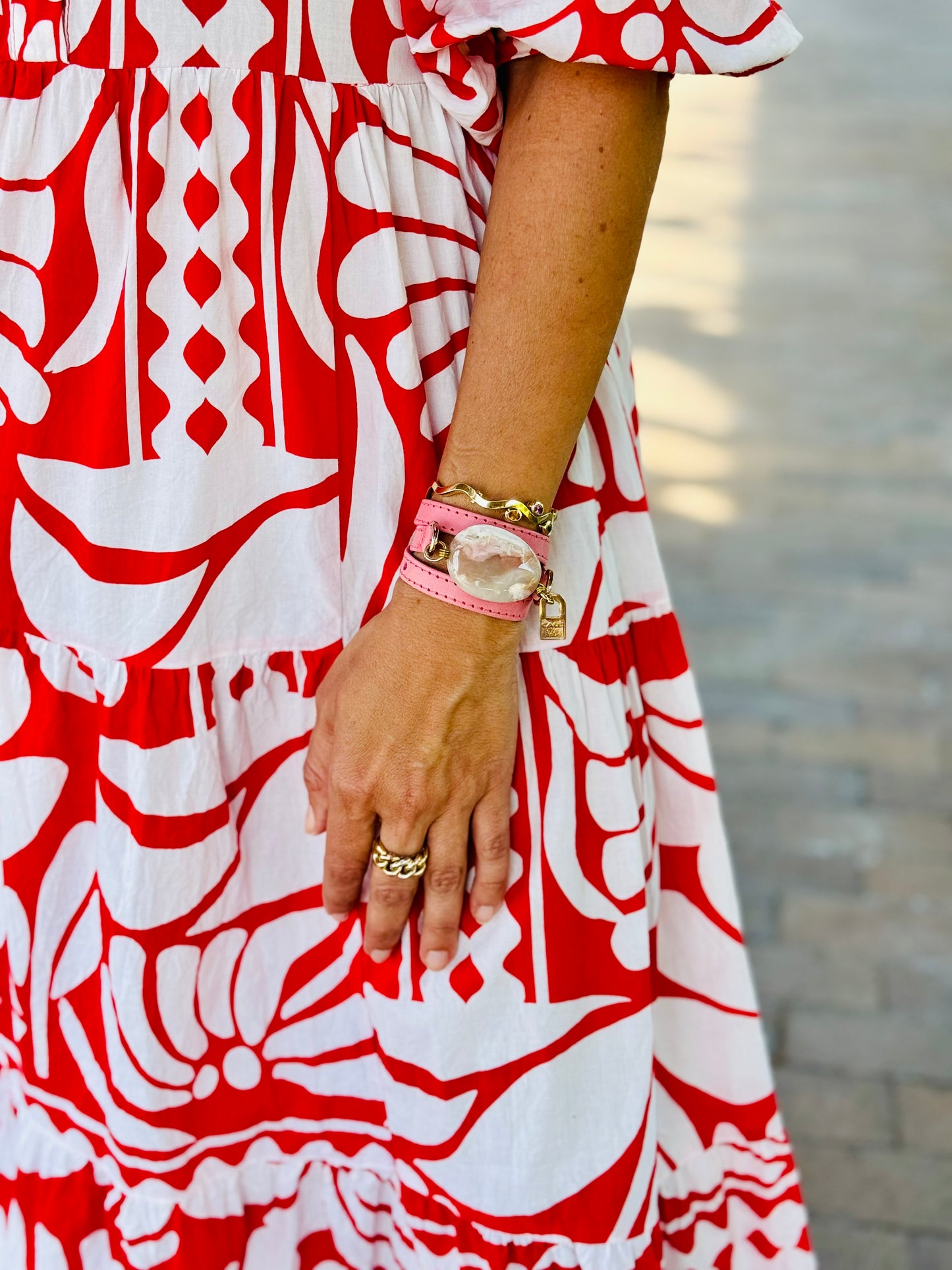 Triple Wrap Pink Leather Bracelet with White Agate Stone
