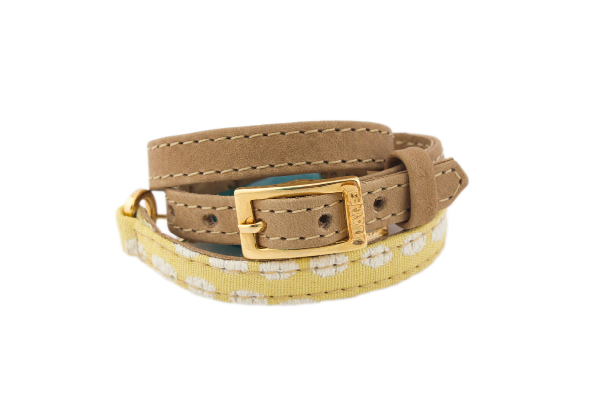 Signature Triple Wrap Camel Leather and Yellow Fabric Bracelet with Bronzonite Stone