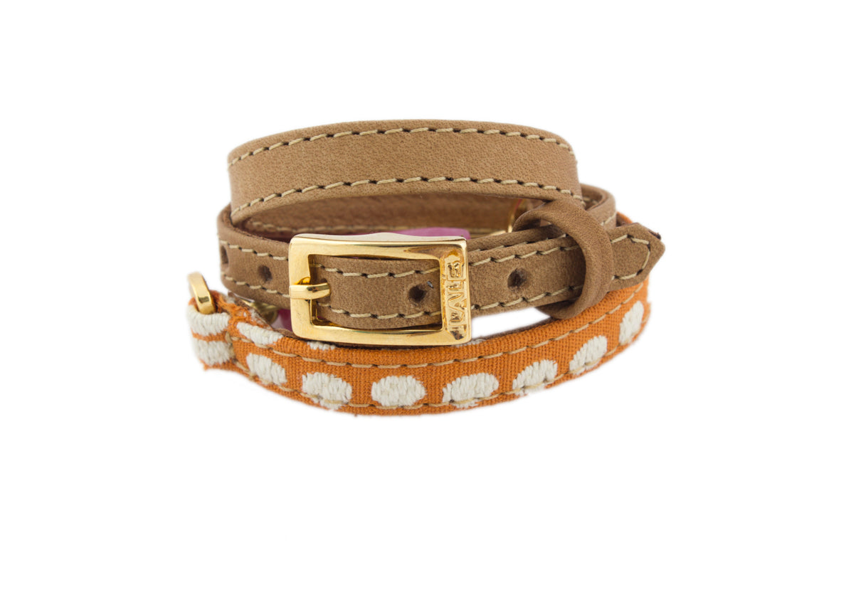 Signature Triple Wrap Camel Leather and Orange Fabric Bracelet with Turquoise Stone