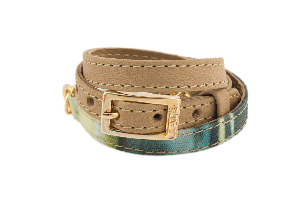 Signature Triple Wrap Camel Leather and Green Fabric Bracelet with Amazonite Stone