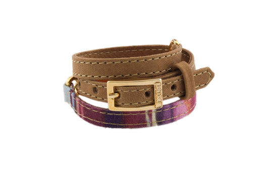 Signature Triple Wrap Camel Leather and Magenta Fabric Bracelet with Orange Jasper Stone