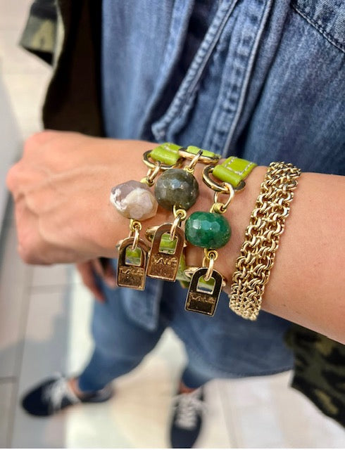 Three Mini Ale Bracelets -  Green Leather and Natural Stones - LALEBRACELETS