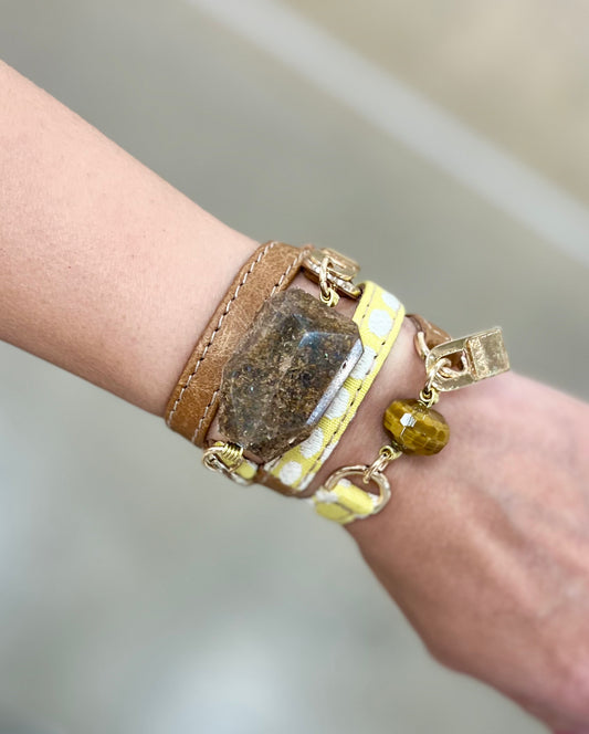 Bundle Bracelet with Camel Leather and Yellow Fabric Band with Bronzonite and Tiger Eye Stone - LALEBRACELETS