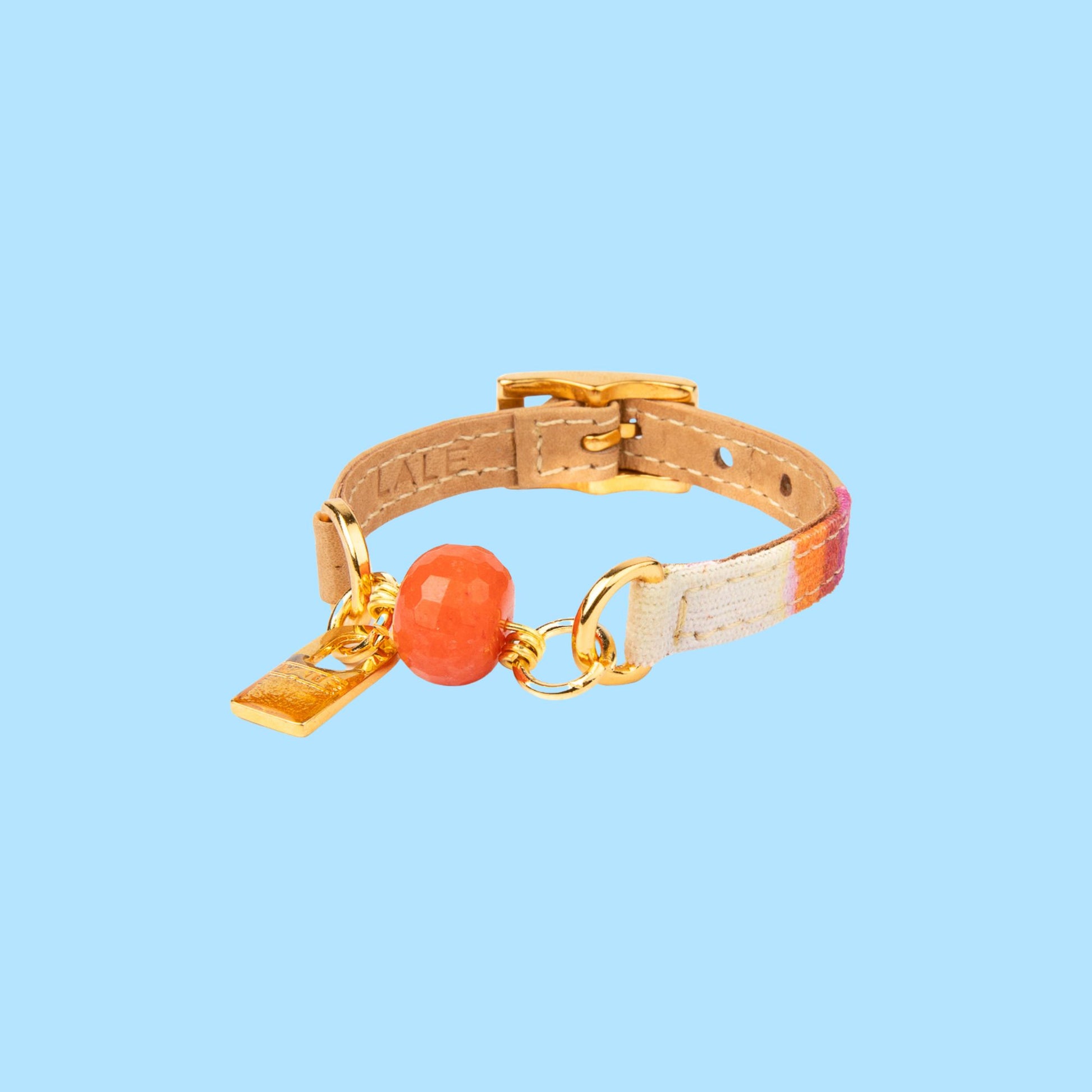 Signature Single Wrap Camel Leather and Magenta Fabric   Bracelet with Orange Jasper