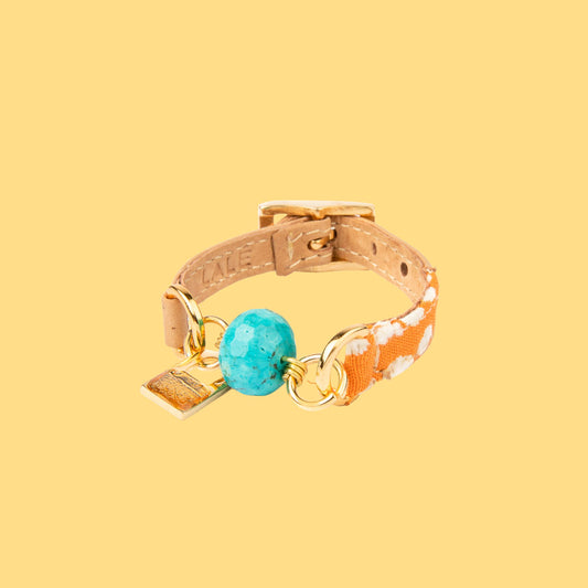 Signature Single Wrap Camel Leather and Orange Dots Fabric Bracelet with Turquoise Stone