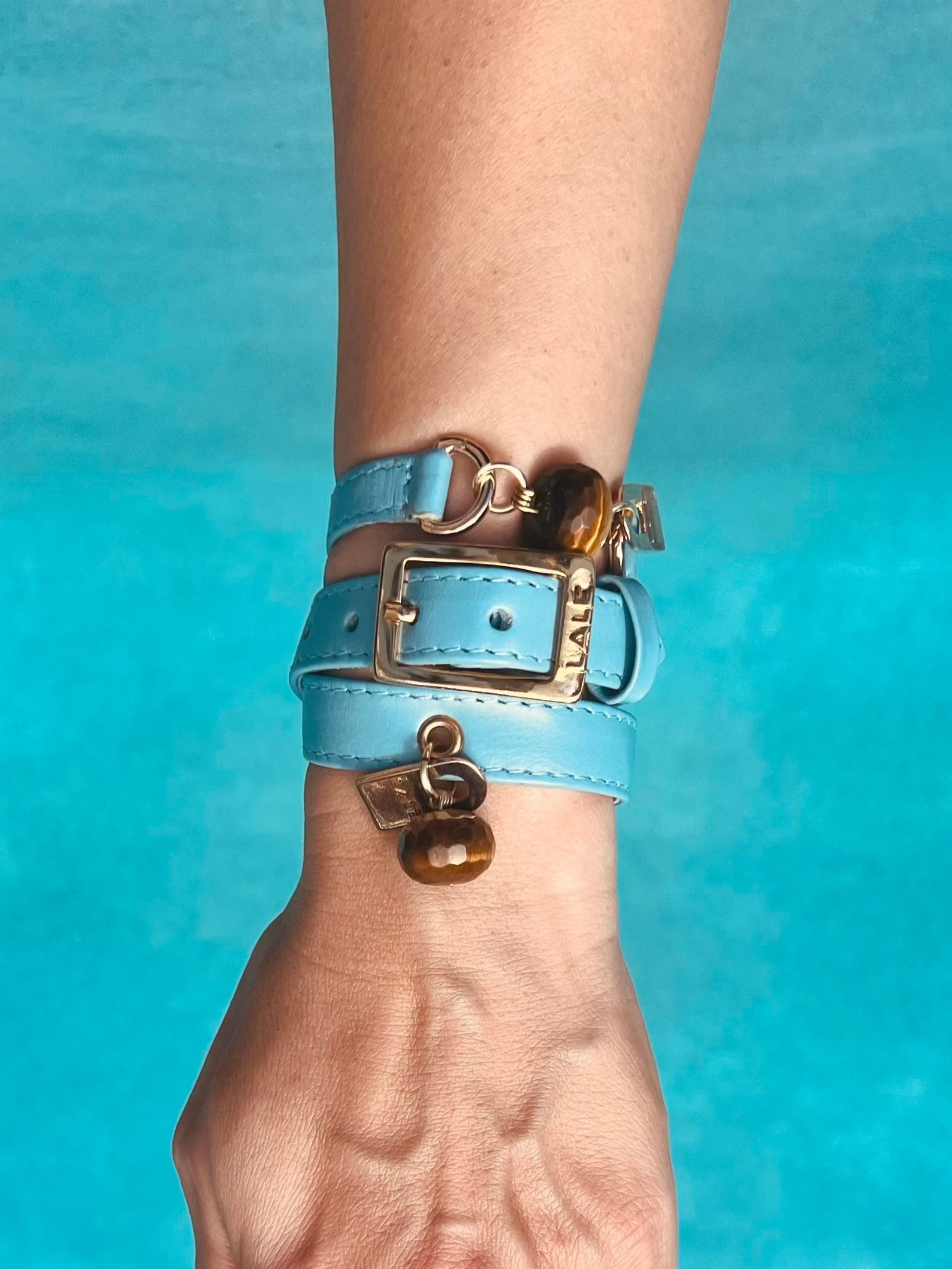 Bundle Bracelet with Blue Leather and Tiger Eye Stone - LALEBRACELETS