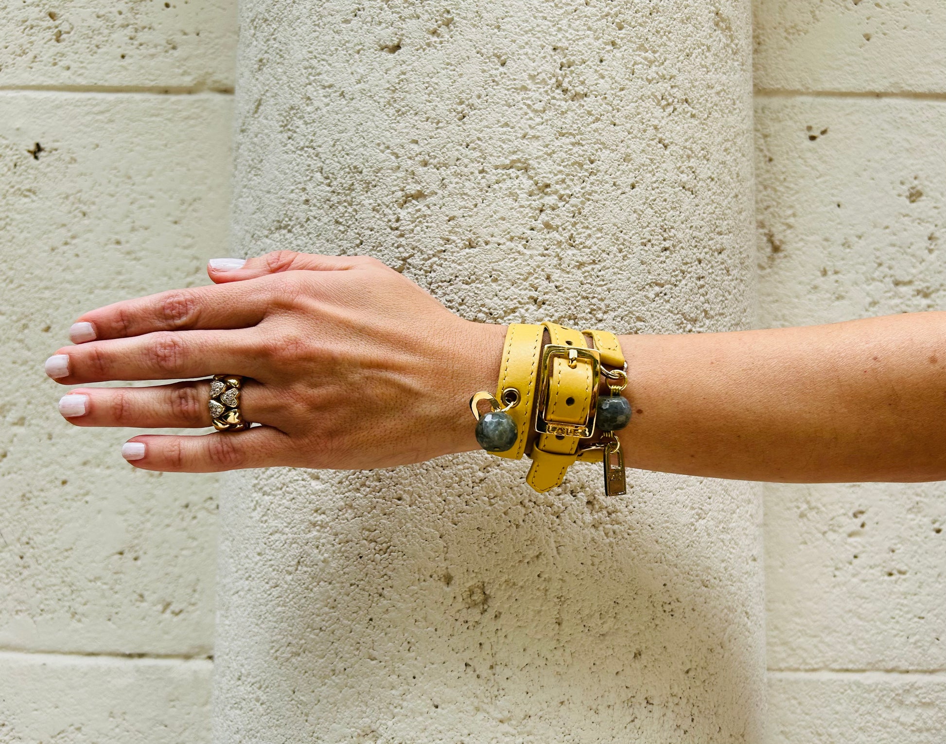 Bundle Bracelet with Yellow Leather and Amazonite Stone - LALEBRACELETS