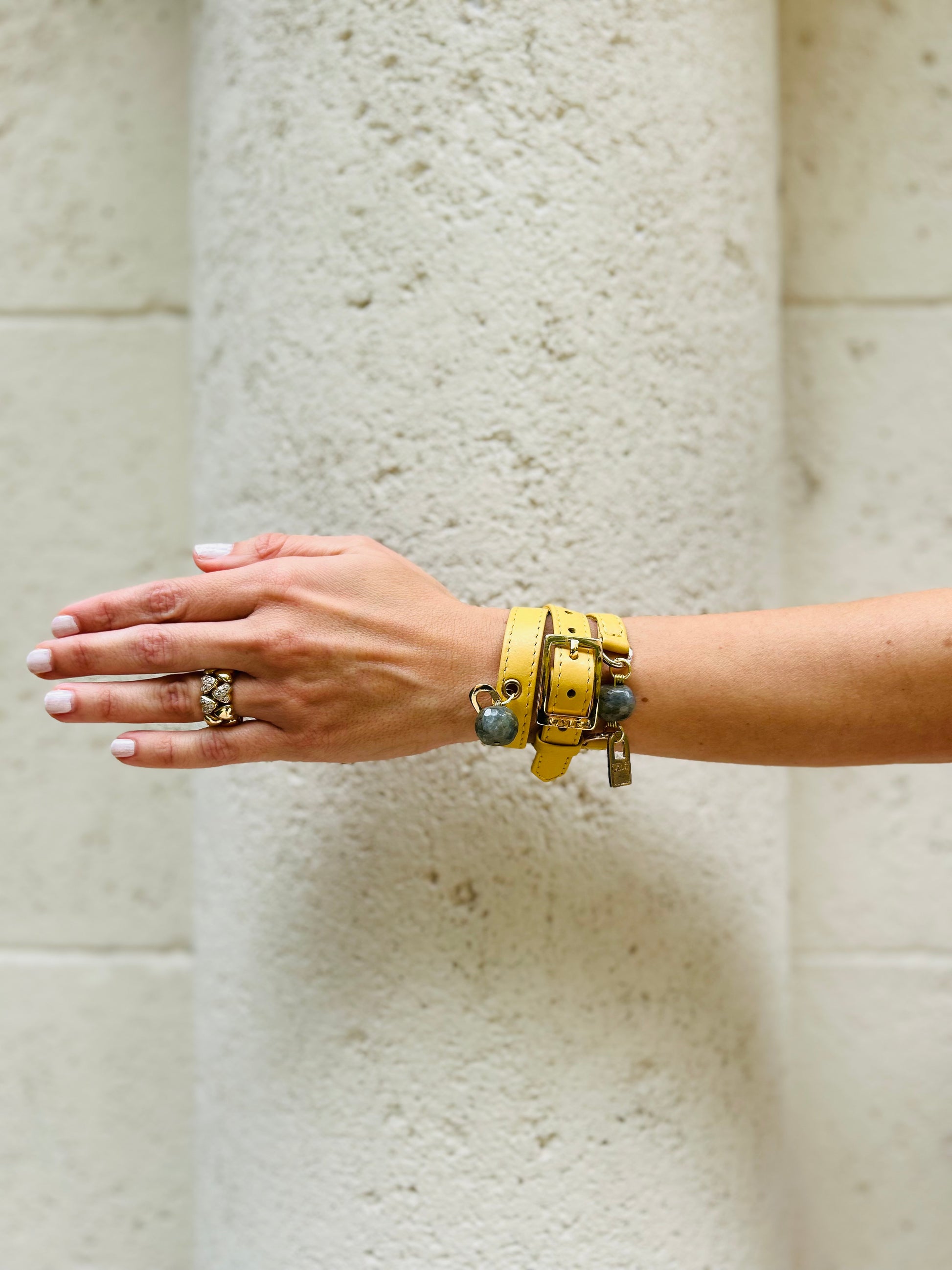 Bundle Bracelet with Yellow Leather and Amazonite Stone - LALEBRACELETS