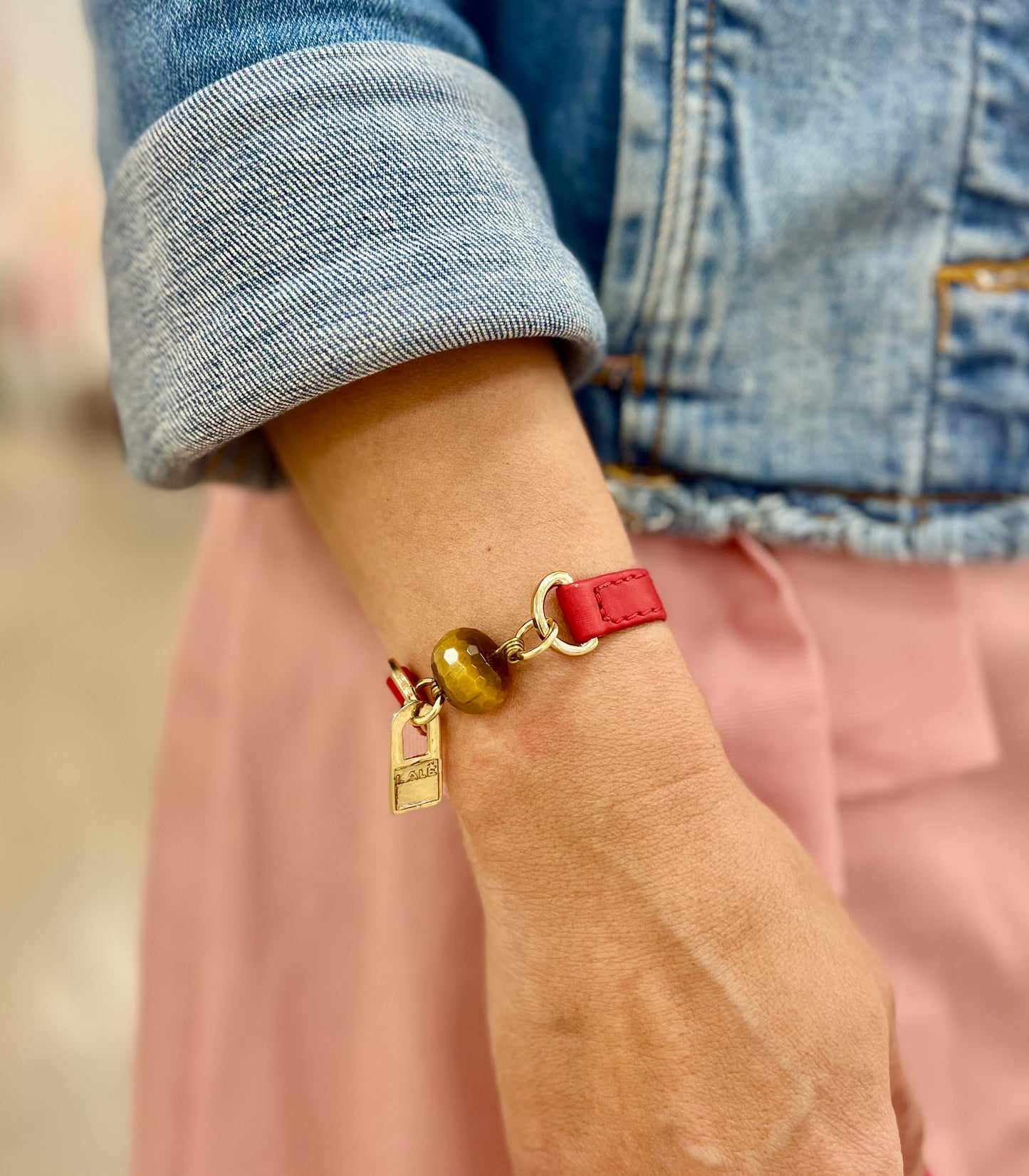 Single Wrap Red Leather Bracelet with Tiger Eye Stone - LALEBRACELETS