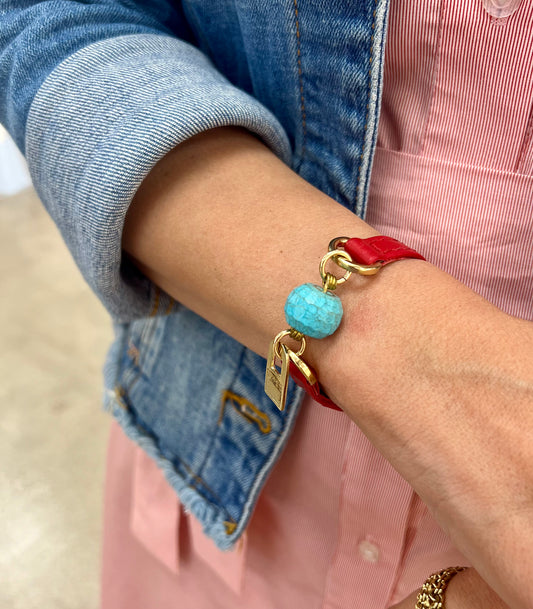 Signature Single Wrap Red Leather Bracelet with Turquoise Stone