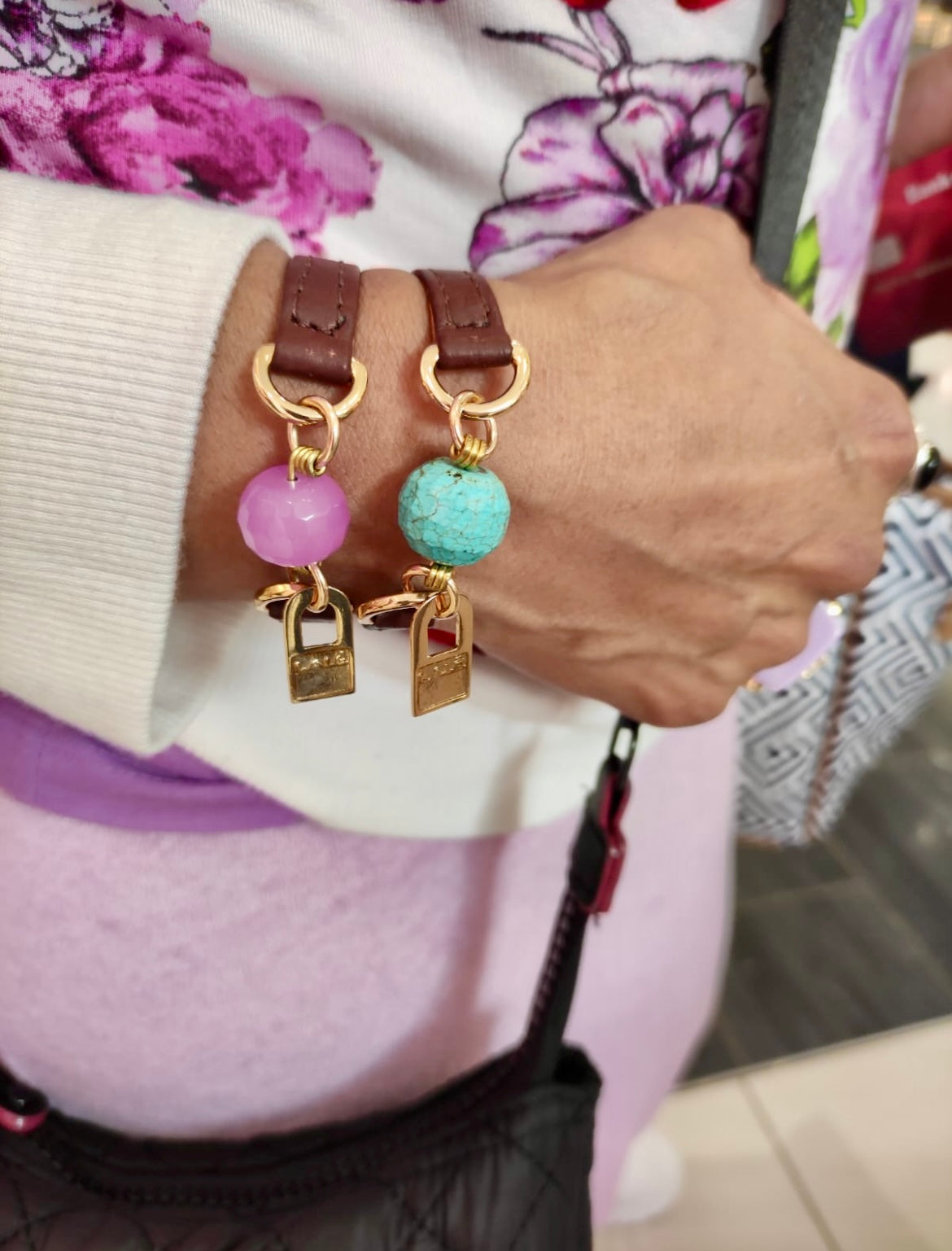 Bundle Bracelet with Brown Leather, Purple Jasper and Turquoise Stones - LALEBRACELETS