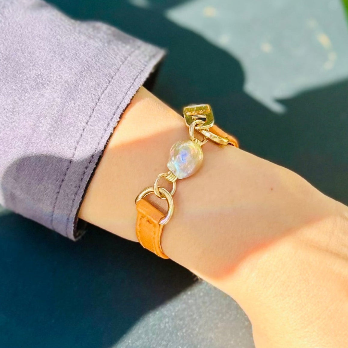 Signature Single Wrap Orange Leather Bracelet with Baroque Pearl