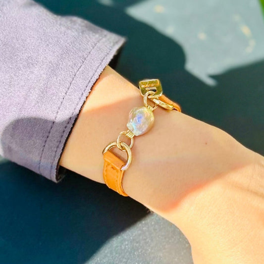 Signature Single Wrap Orange Leather Bracelet with Baroque Pearl