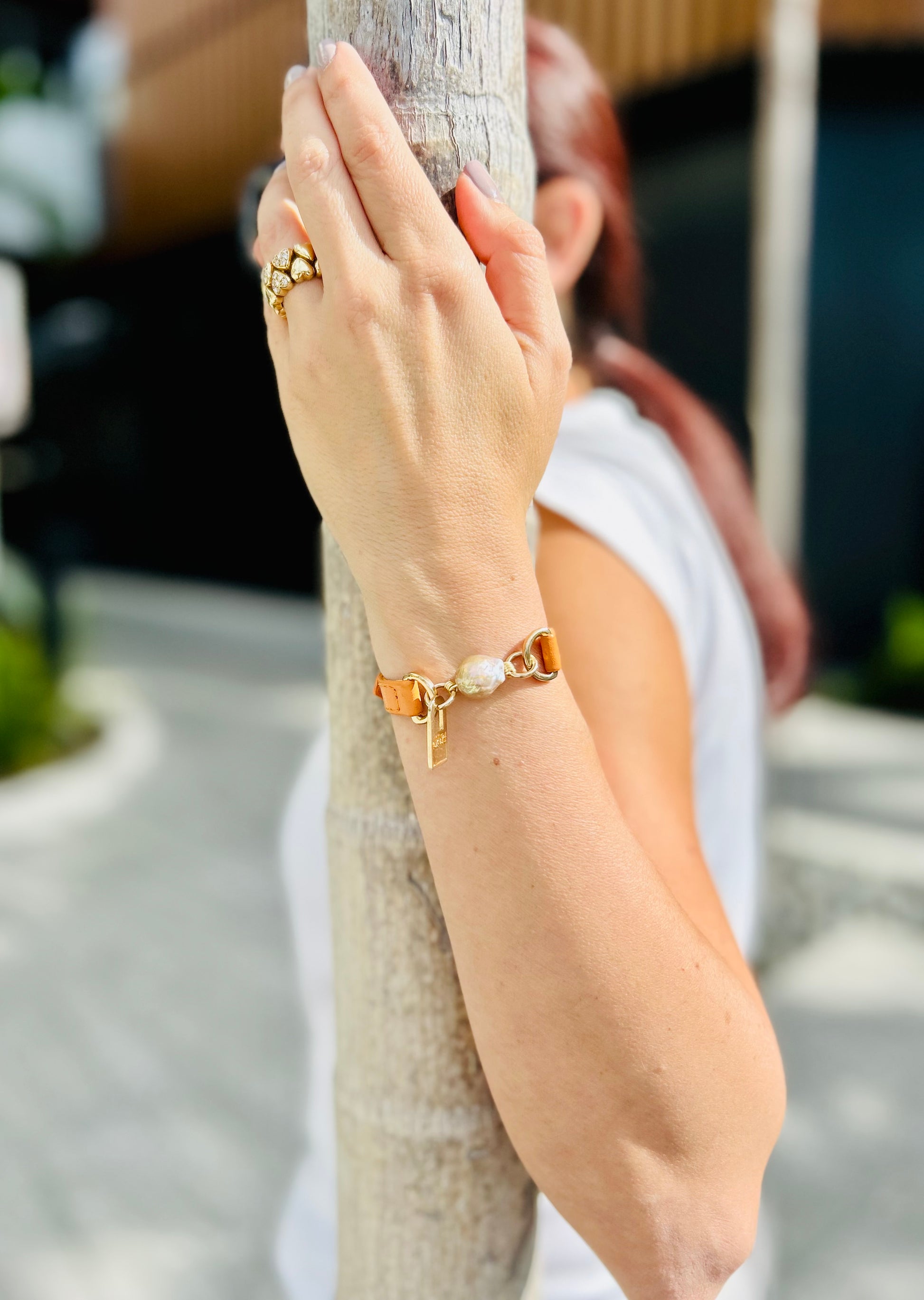 Signature Single Wrap Orange Leather Bracelet with Baroque Pearl